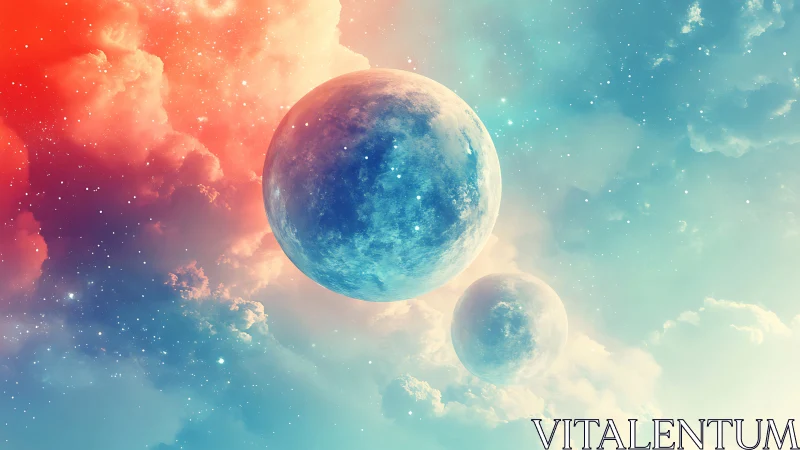 Twin azure planets within luminous nebula gradient sky.