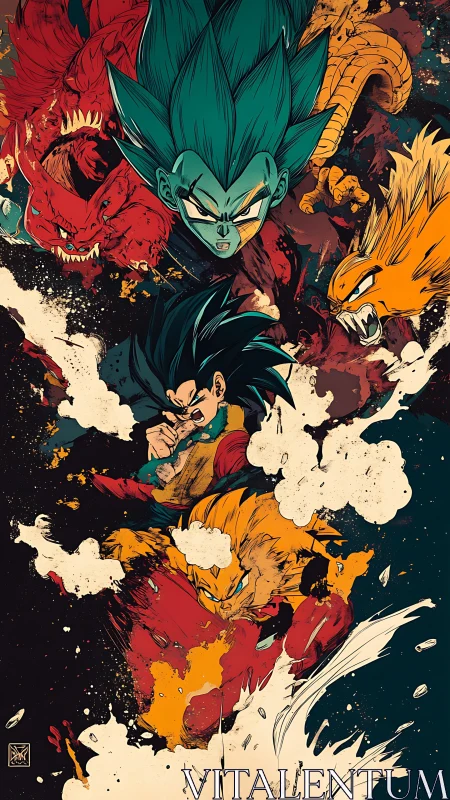 Explosive anime warriors racing through a storm of power.