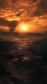 Burnt wasteland path under relentless molten sunset sky.