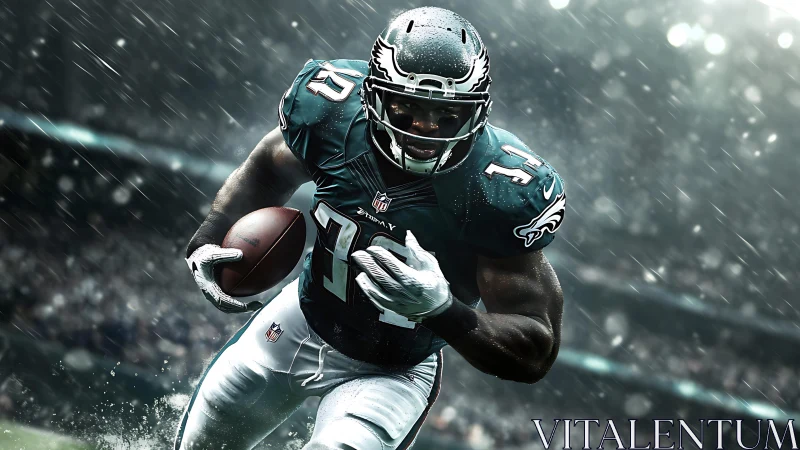 Charging through the storm, a running back owns the field.