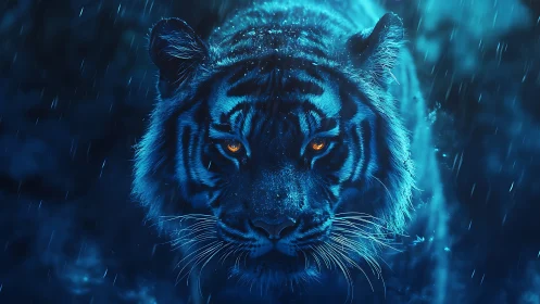 Bioluminescent-hued tiger advances through rain with high-contrast lighting