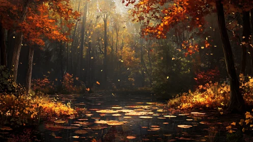 Autumn Forest Stream. Golden Light Through Falling Leaves.