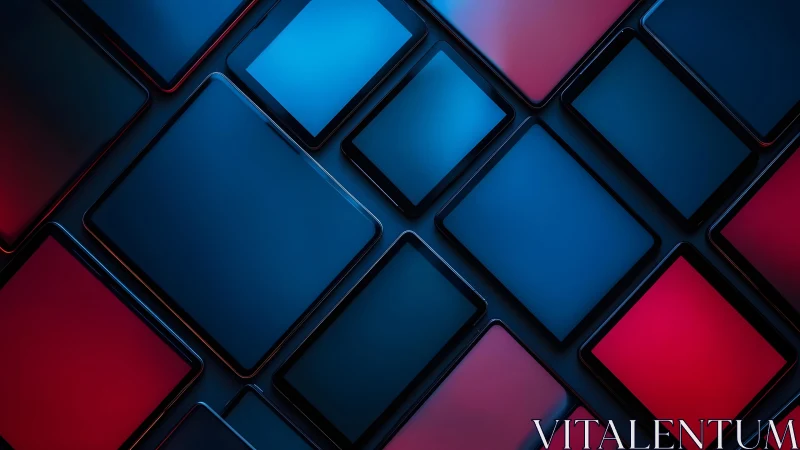 Overlapping Blue and Red Digital Tablets in Geometric Abstract Style.