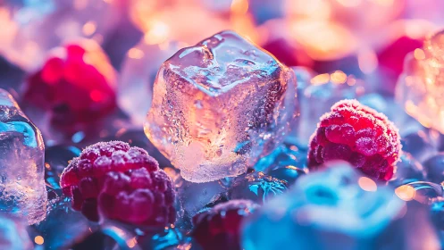 Macro view of raspberries and ice cubes under colored light.