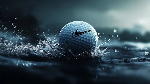 Golf ball with logo impacting water under moody lighting.
