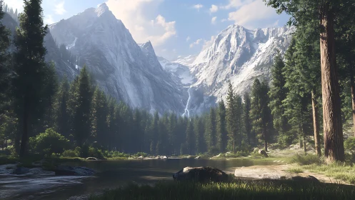 Photorealistic alpine valley with conifer forest and river panorama.