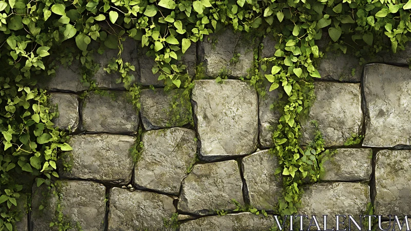 Weathered stone wall carries dense climbing green ivy