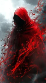 Hooded figure in red cloak dissolves into fluid splashes