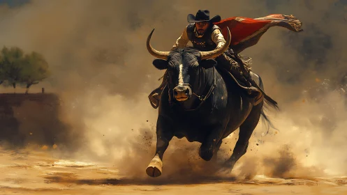 Cowboy rides charging bull through swirling desert dust.