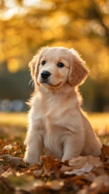 Golden retriever puppy sits in autumn leaves under warm bokeh