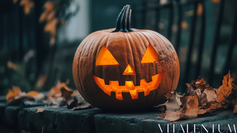 Glowing jack o lantern on stone ledge with autumn leaves.