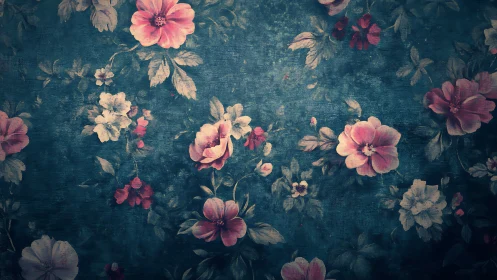 Floral pattern on aged teal textile with layered pigmentation.