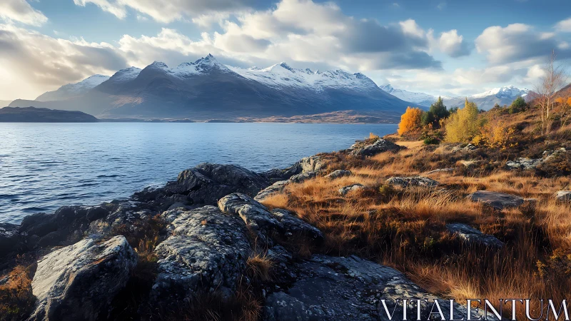 Snow-capped mountains rise above a golden autumn lakeshore