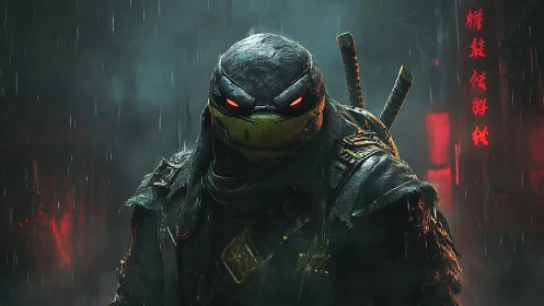 Brooding cyber ninja turtle stalks neon-soaked midnight rain.