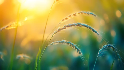 Backlit wheat stalks in soft golden summer sunset field.