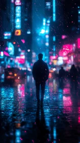 Silhouetted wanderer walks through neon rain in a cyber city