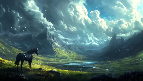 Solitary black horse surveys luminous stormlit valley