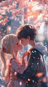 Spring twilight kiss beneath drifting sakura petals.