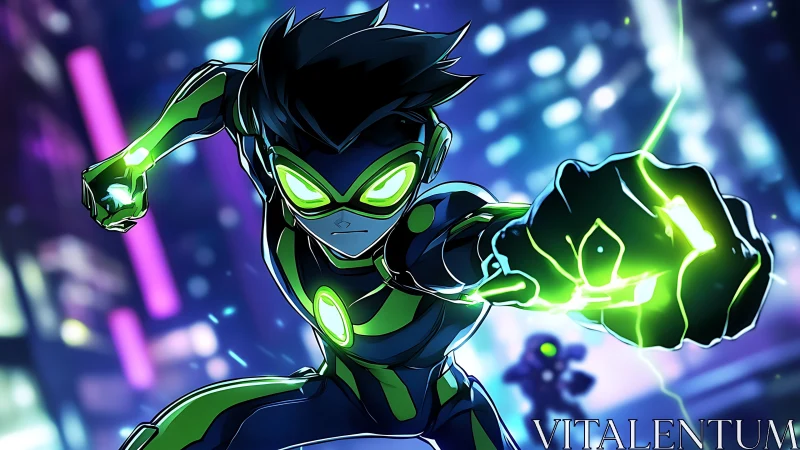 Neon suited cyber hero lunges forward through glowing city