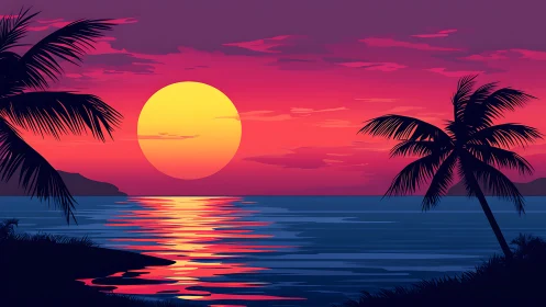 Stylized tropical sunset seascape uses bold vector gradients