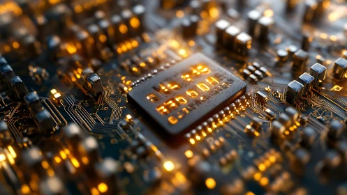 Glowing microchip on dense circuit board with illuminated traces