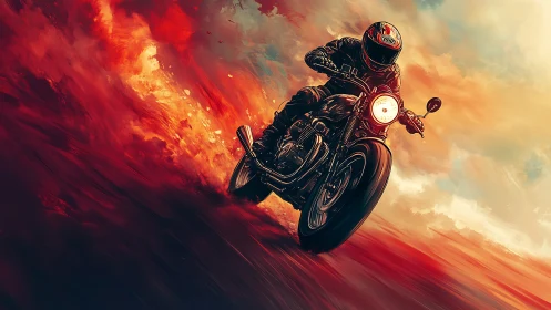 Motorcyclist riding through fiery red cloudscape scene.