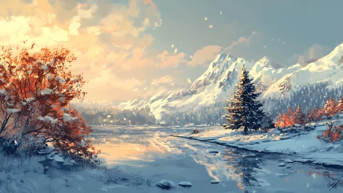 Sunlit winter lake reflects snow peaks and glowing foliage