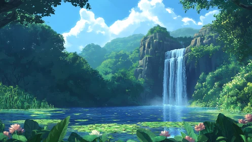 Waterfall flows into reflective pond framed by dense foliage