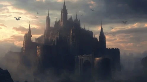 Gothic fortress stands in dense mist under overcast sky