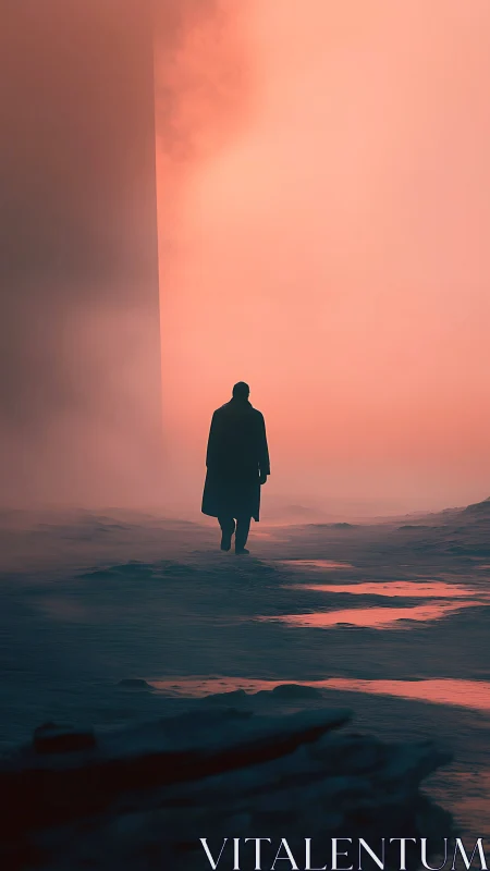 Solitary figure crossing neon dusk over frozen terrain.
