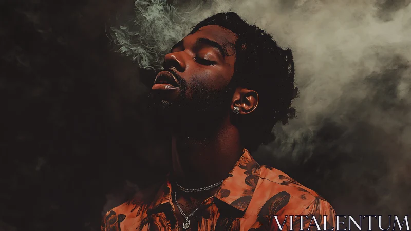 Man exhaling smoke against dark background in side profile.