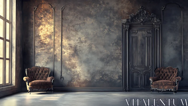 Vintage velvet lounge with baroque doorway and patina wall.