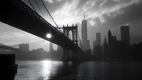 Monochrome suspension bridge study with misted skyline geometry.