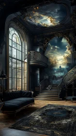 Neo-baroque grand salon with celestial portal and staircase.