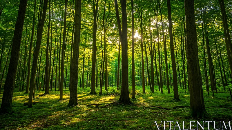 Sunlit green forest with tall trees, tranquil nature landscape photo.