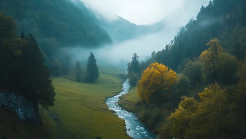 Fog-kissed valley river whispering through autumn hush.