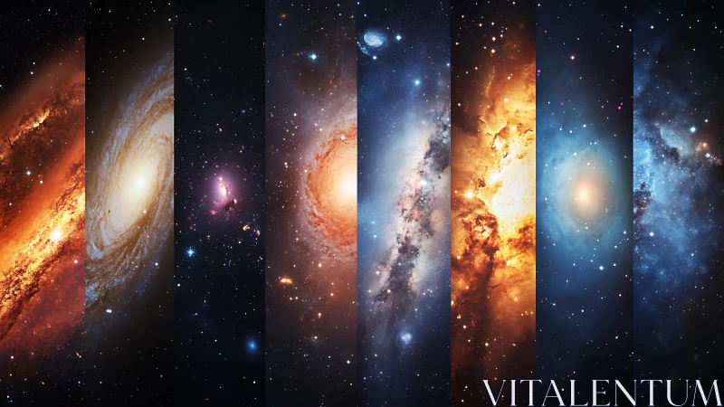 Photorealistic galactic panorama with vertical segment structure.