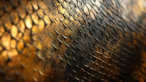 Golden reptile scales close-up with textured abstract lighting.