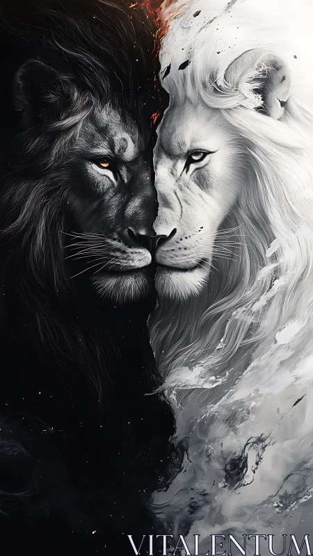 Twin spirit lions meet in a powerful dance of light and dark