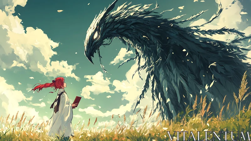 Girl confronts colossal feathered dragon under bright sky.