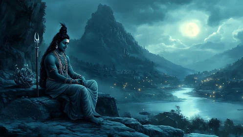 Moonlit blue deity resting beside a peaceful river valley.