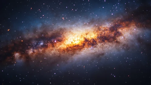Brilliant galactic core glows amid dense star field of space.