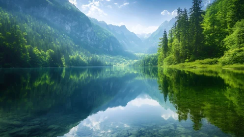 Mountain lake mirrors lush forest under clear summer sky.