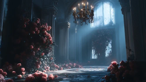 Overgrown rose hall glows under pale cathedral light.