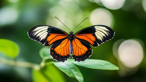 Macro study of orange black butterfly on vivid green leaf.