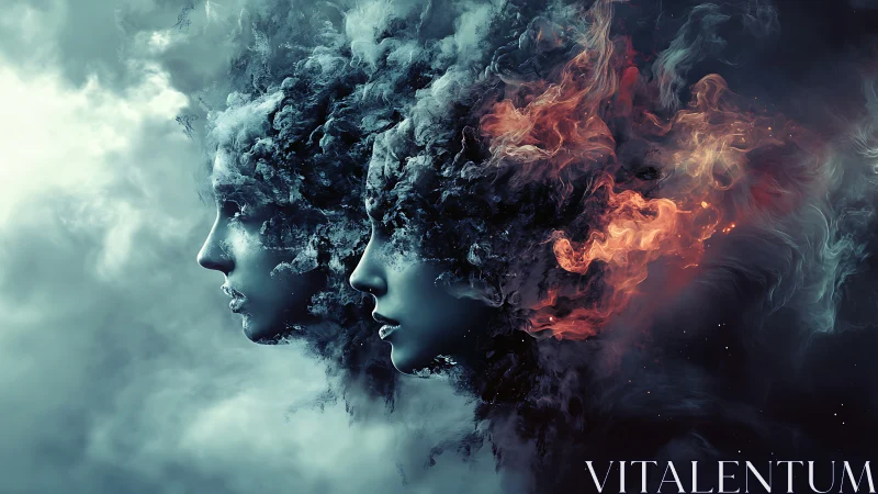 Dual human profiles formed from swirling smoke and fire.