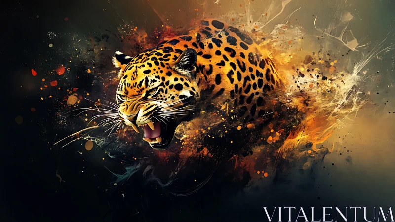 Leopard head in dynamic abstract splash composition.