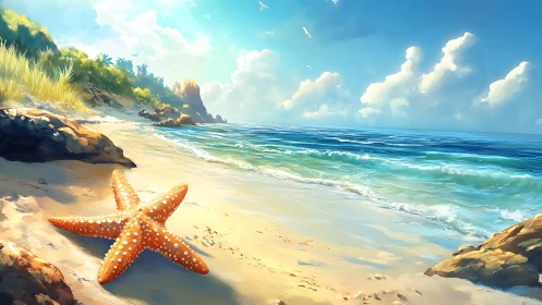 Starfish on sandy shore with coastal vegetation and sea.