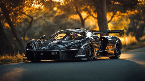 Black modern hypercar on forest road at sunset light.