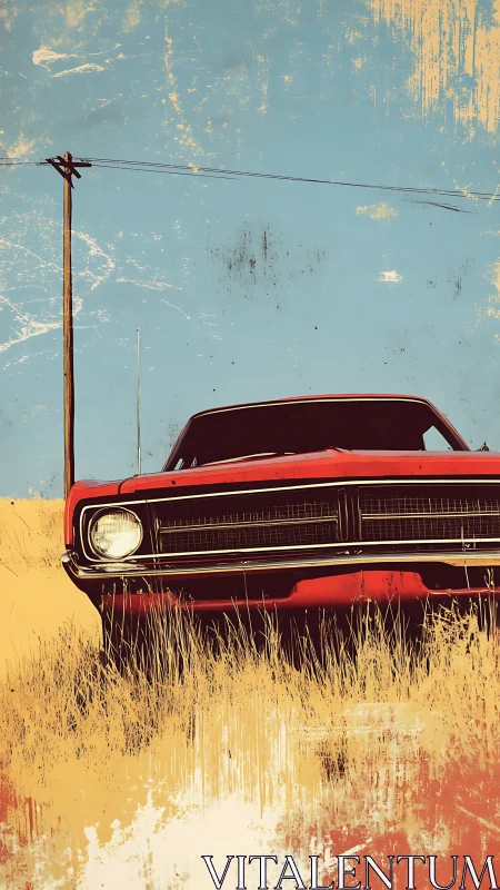 Red muscle car cuts dusty highway horizon in sunlit field